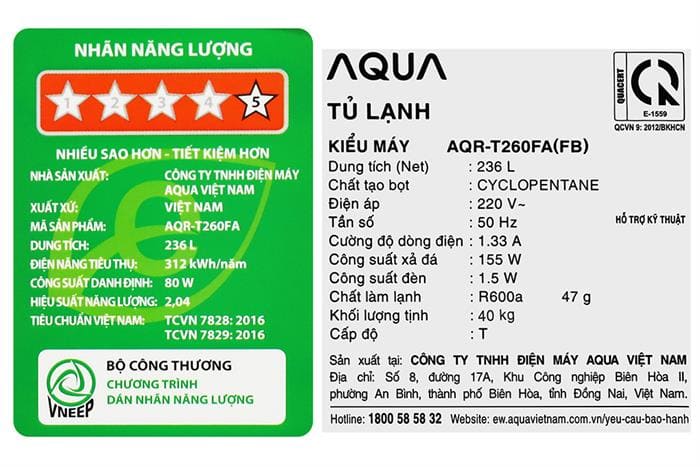 Tủ lạnh Aqua Inverter 236 lít AQR-T260FA(FB)